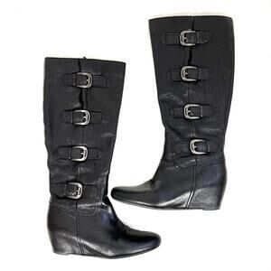 Franco Sarto Womens Wedge Heel Boots Knee High Buckles Black Leather 8M